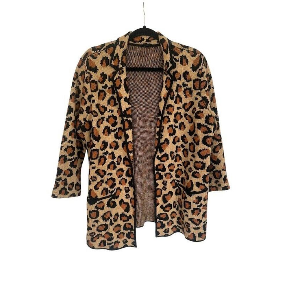 Talbots Open Front Cardigan Sweater Leopard Print Size Large Petite Wool Blend